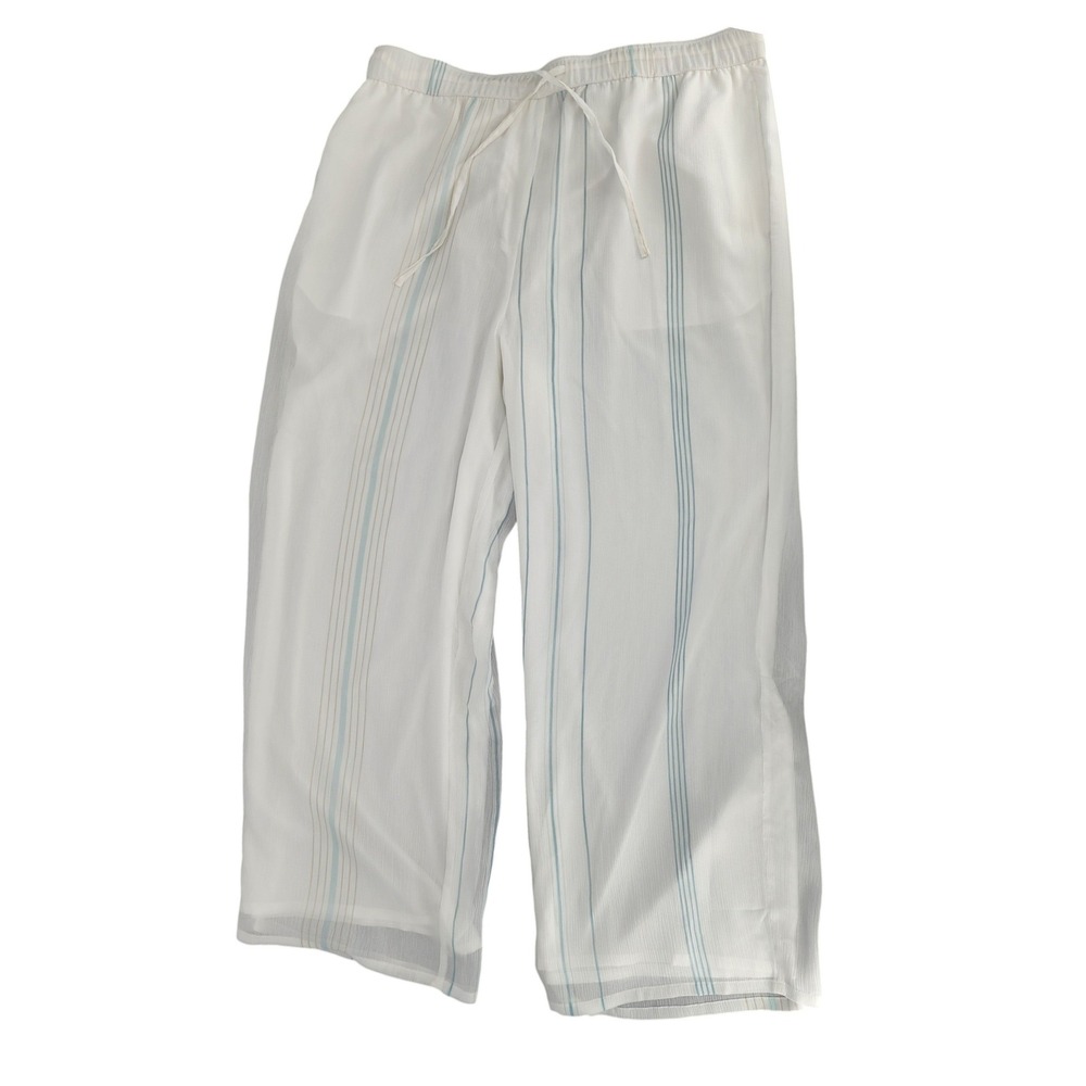 Calvin Klein Womens‎ XL Striped Wide Leg Chiffon Drawstring Pants White Blue